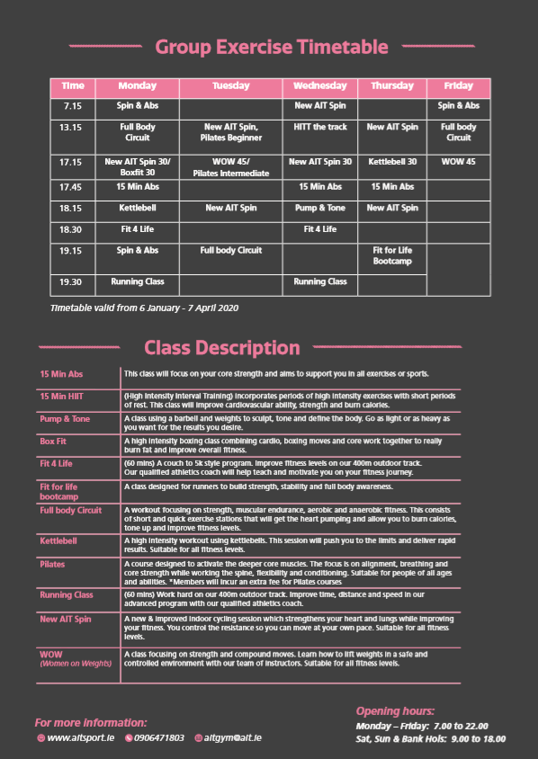 Class Bookings Timetable Ait Sport